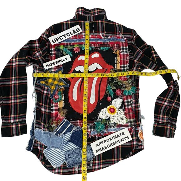 Upcycled Flannel Shirt Womens Large Lips Shacket Grunge Rock Concert Art - Picture 3 of 16